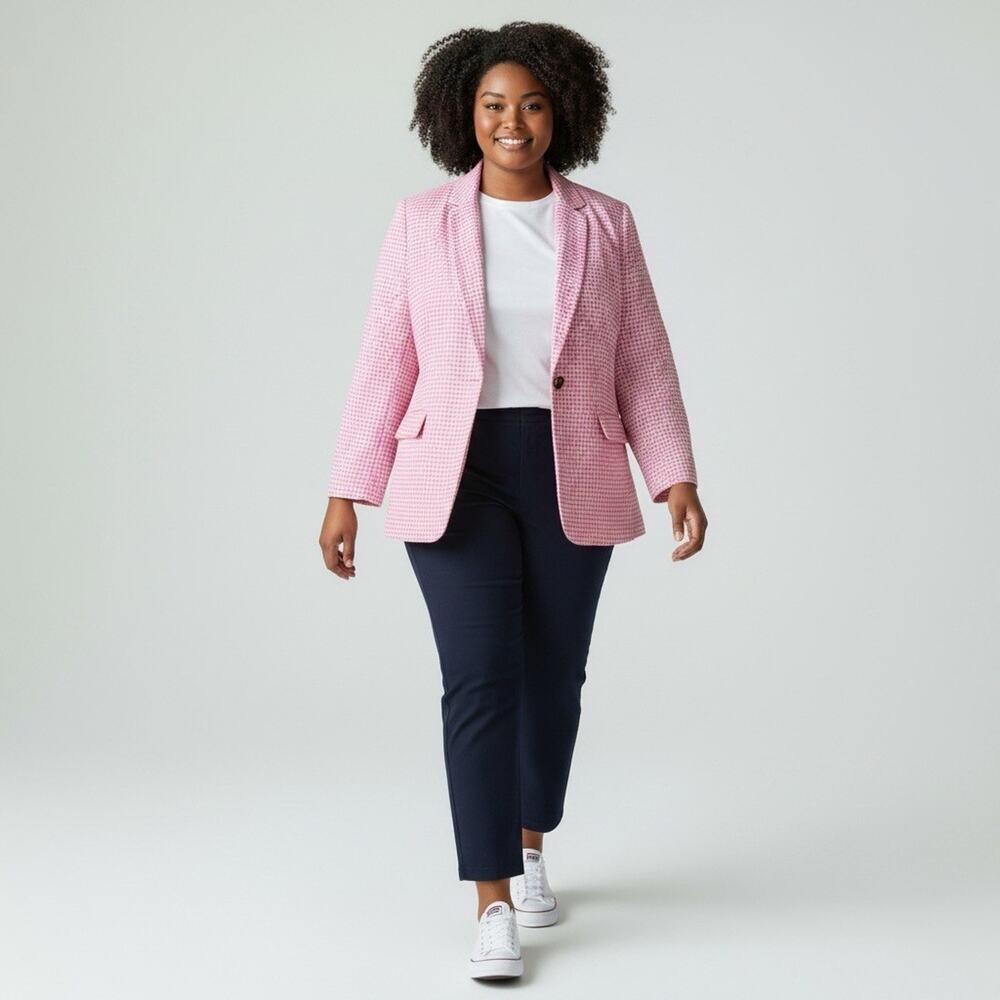 Talbots Blazer Jacket Women’s Plus Size 16W Pink Preppy Gingham Linen